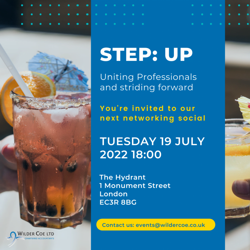 Step :UP Social 19 July in text with cocktails in background