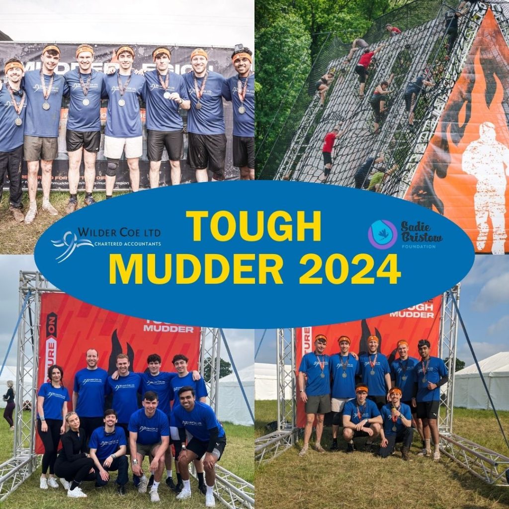 Collage of Wilder Coe team in blue branded tops after completing tough mudder challenge for Sadie Bristow Foundation