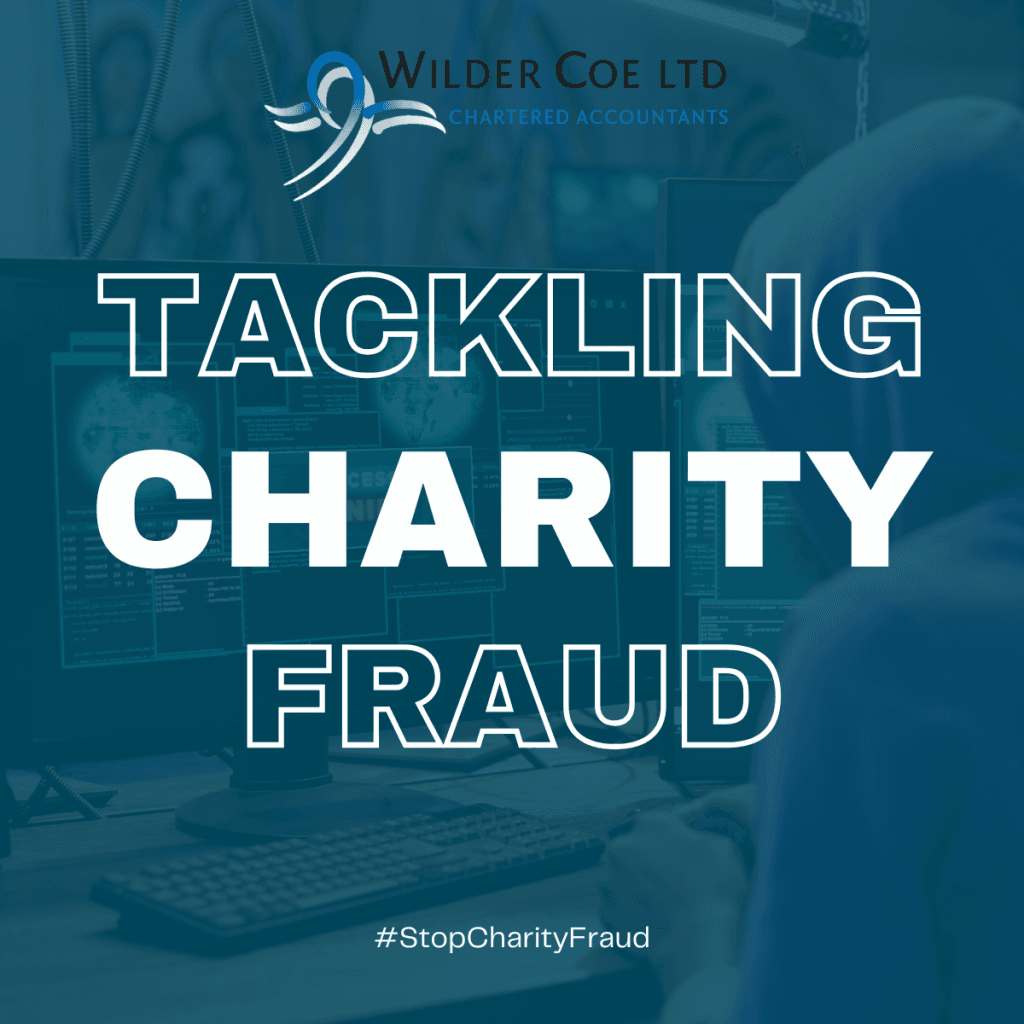 Tackling Charity Fraud in white font with background image of criminal on a computer with their hood up