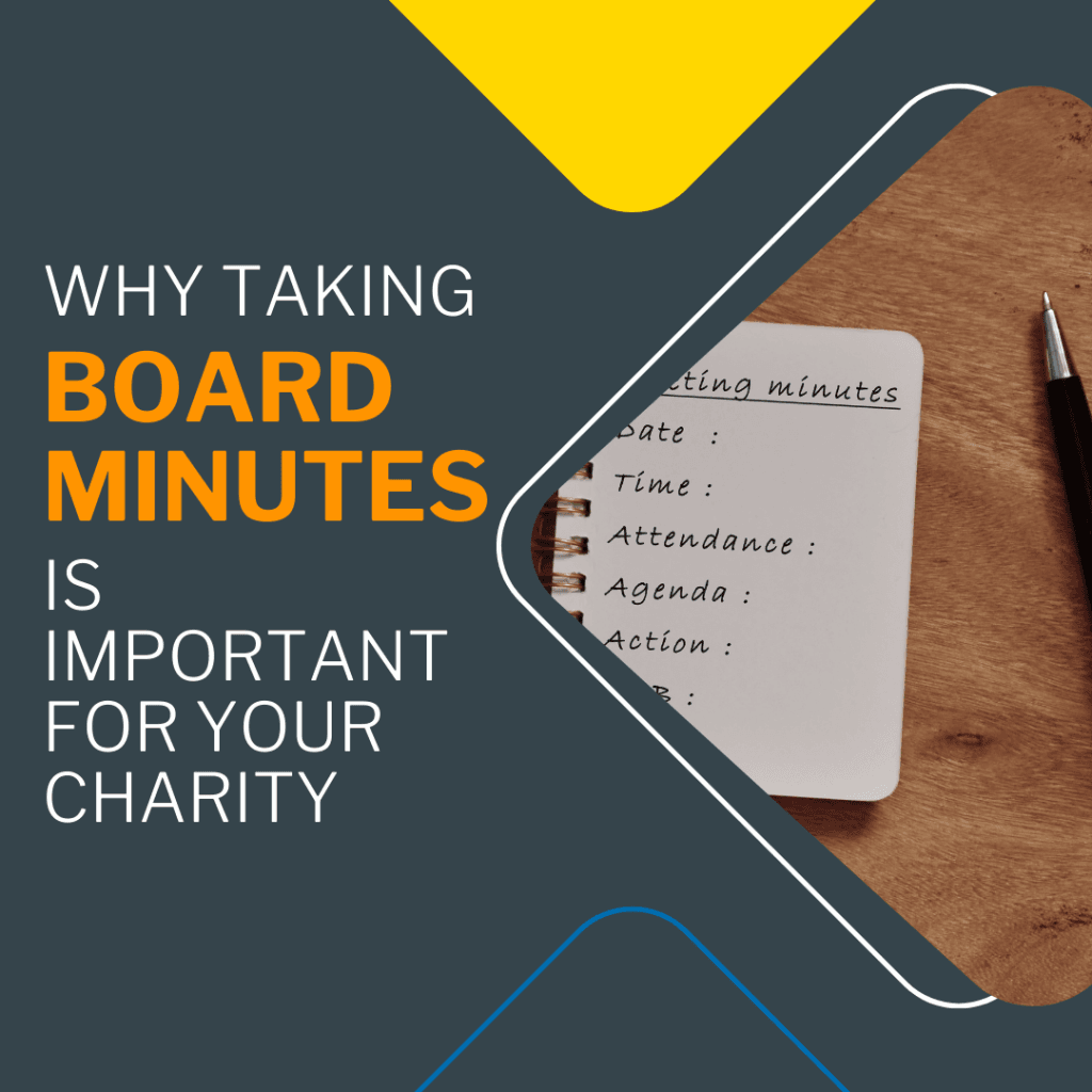 "Why taking board minutes is important for your charity" and a picture of a notepad and pen.