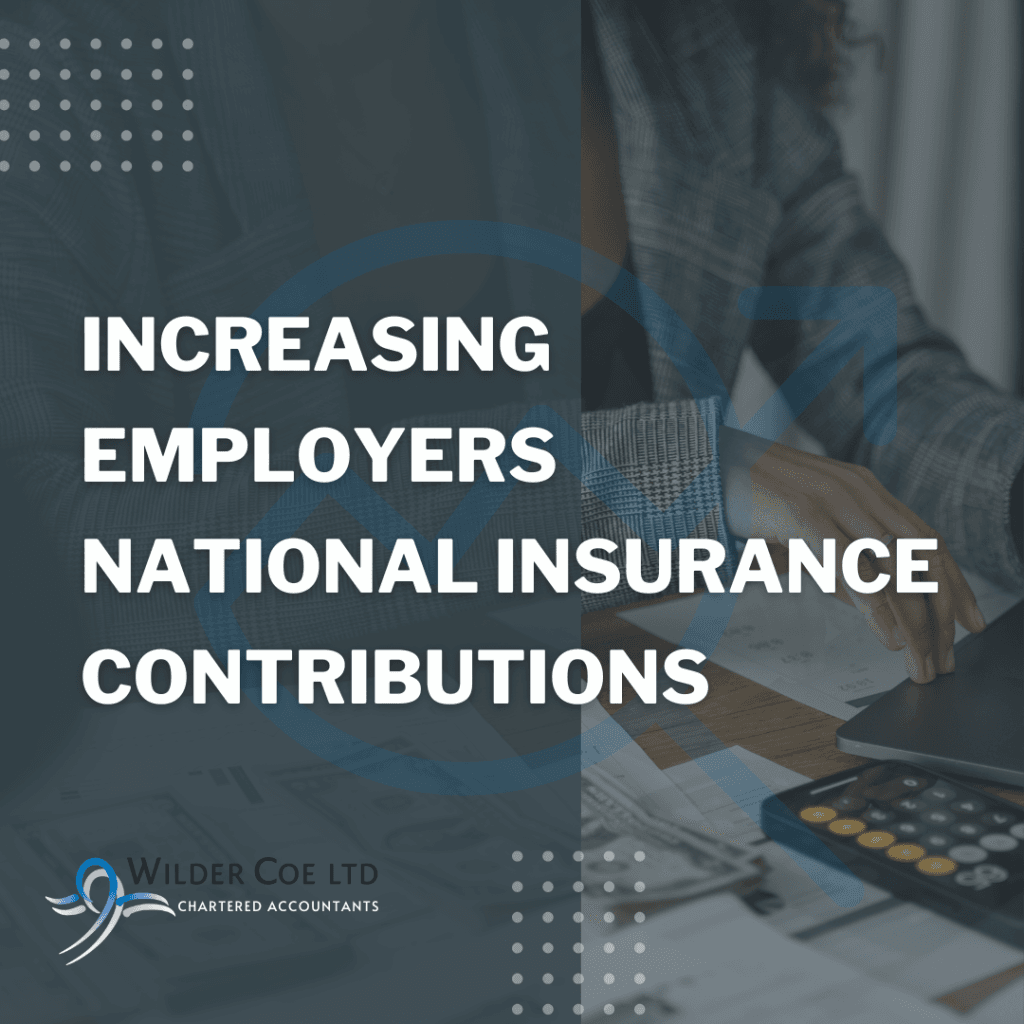 Increasing Employers National Insurance Contributions in white text on grey background and a faded image of a womans hand using a calculator